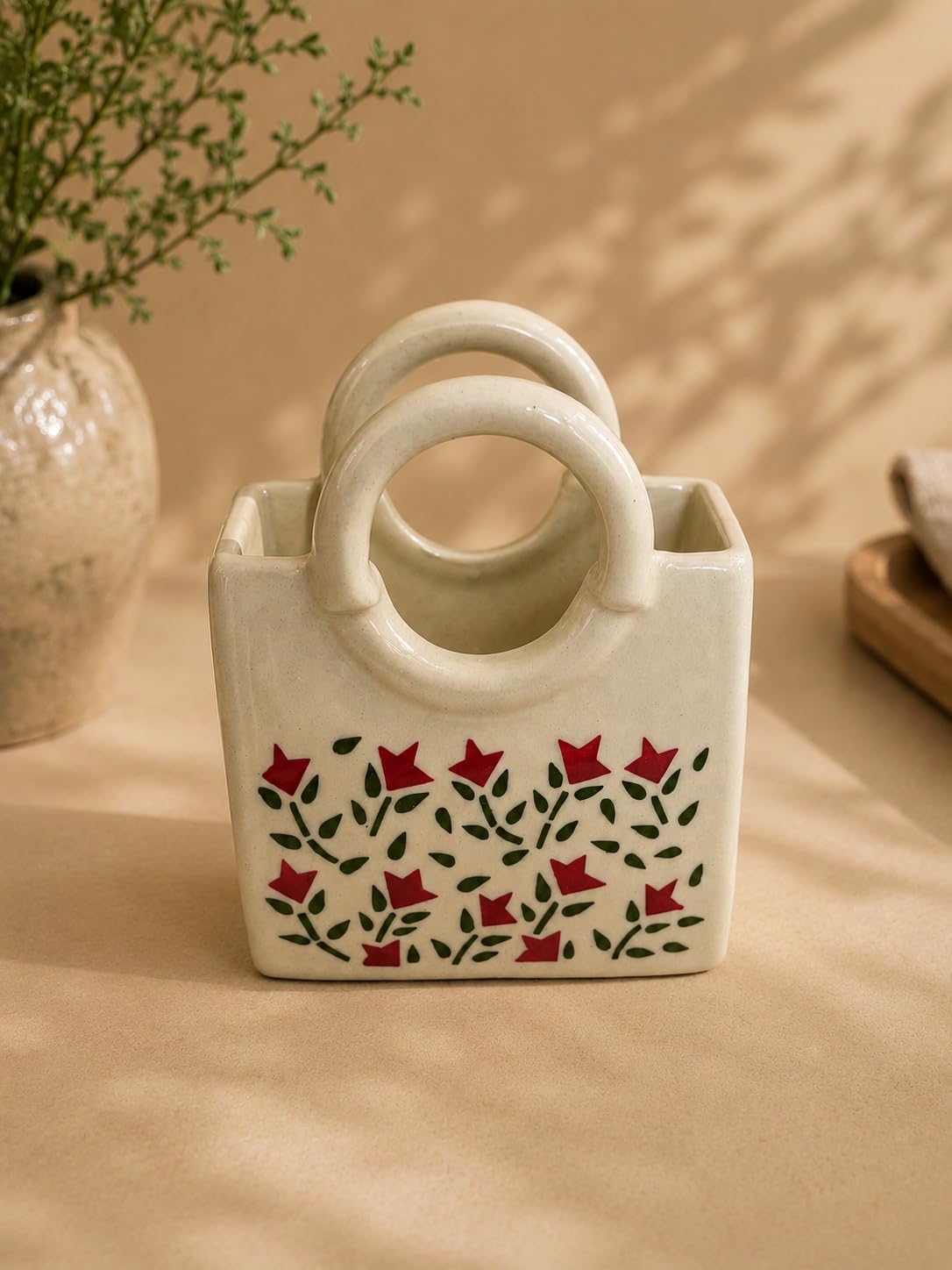 Dish house Handmade Ceramic Spoon Holder for Kitchen Counter & Dining Table | Aesthetic Spoon Stand & Cutlery Holder | Multipurpose Utensil Organizer | Cute Bag Style Kitchen Decor-image-3
