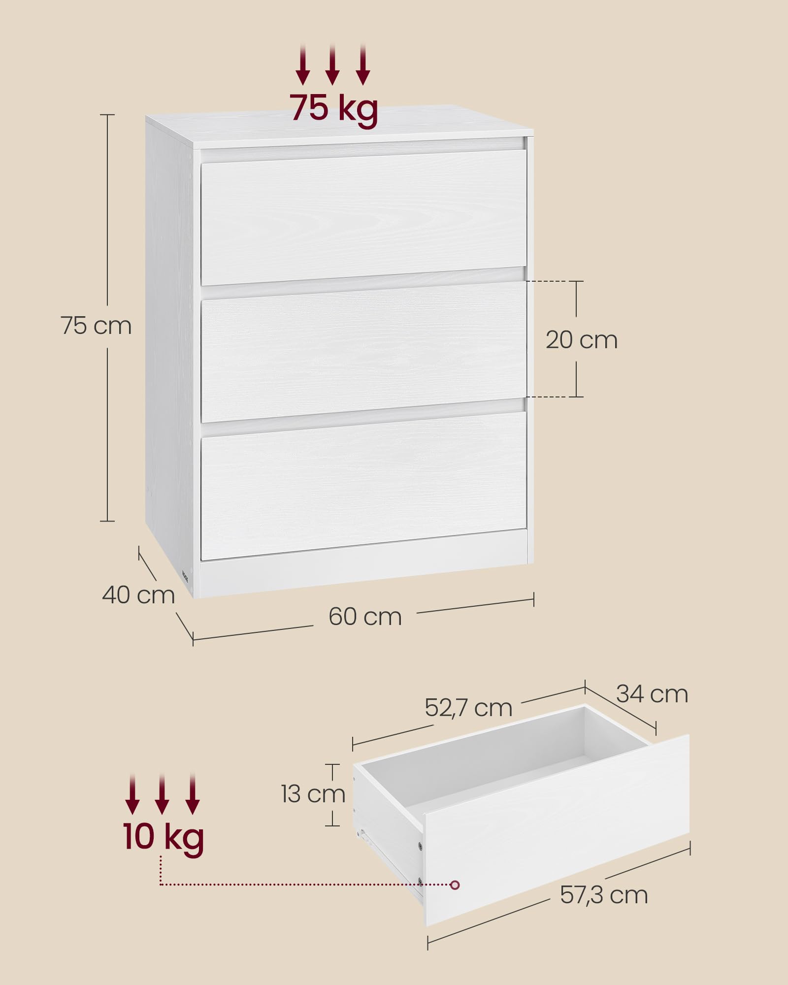 VASAGLE Colección Kailyn - Cómoda de 3 Cajones para Dormitorio, Armario de Almacenamiento, Mueble para Ropa, 40 x 60 x 75 cm, Estilo Moderno, Blanco Nieve LTS613WE01