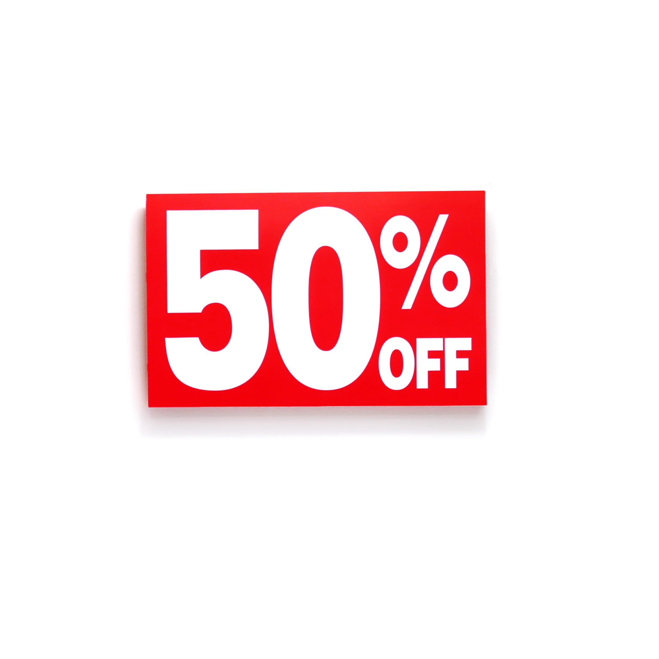50% Percent Off Signs, 7" x 11" with Eye Catching White Text on Red Background, Printed on Durable Card Stock, 10 Pack