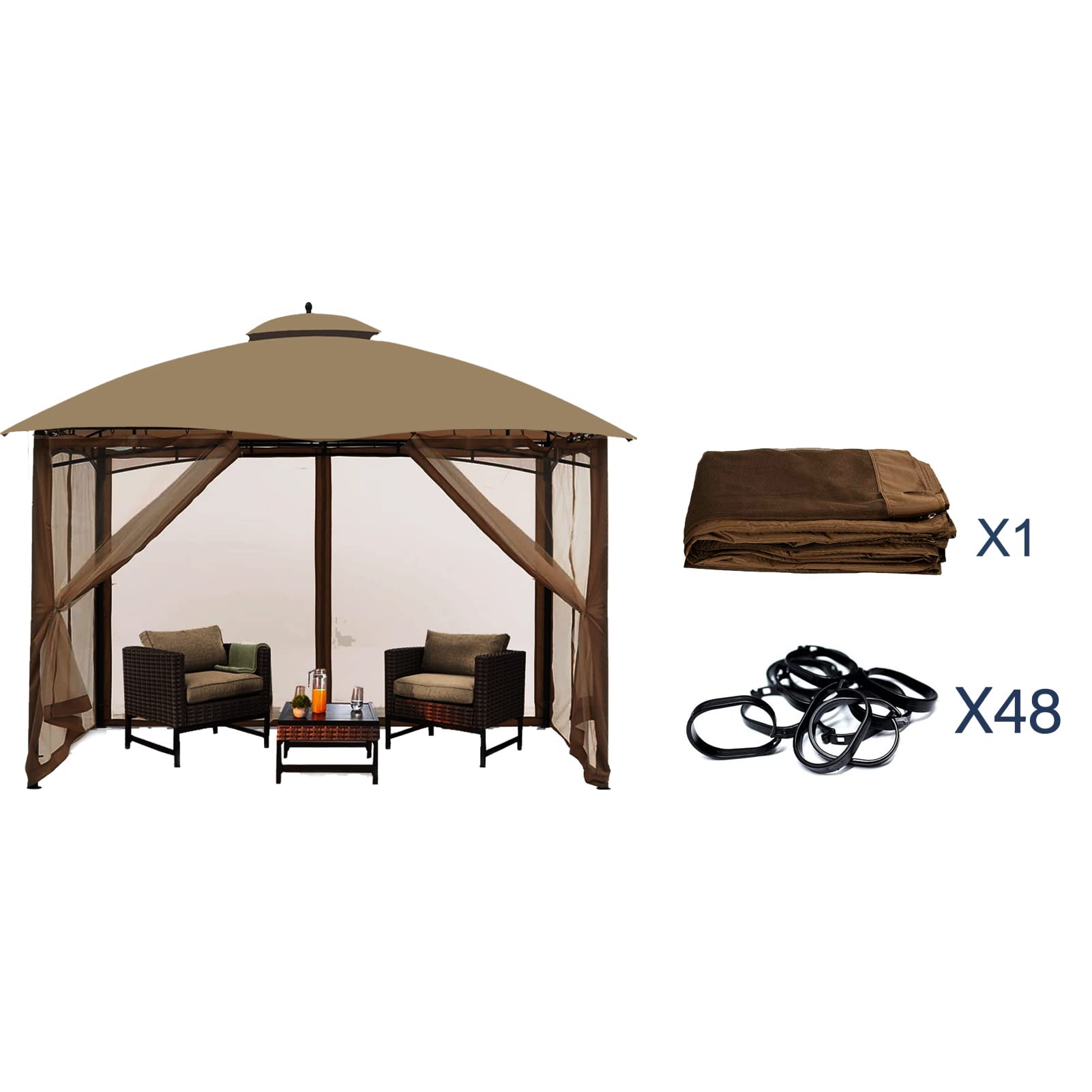 Mosquitera universal de repuesto para kiosco, 10 x 10 pies, pantalla de malla para exteriores, cortina de pared lateral de 4 paneles con cremallera (marrón) 4