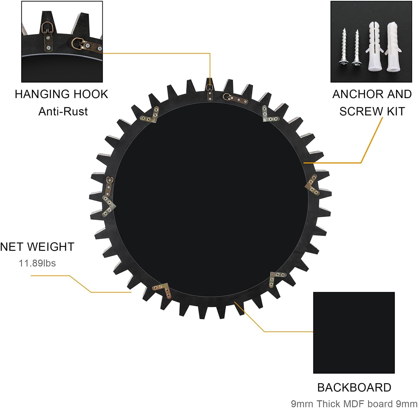 FUCIHOMA ヴィンテージ 17インチ x 17インチ 木製 丸形 吊り下げ ギア 形状 重厚 装飾 ミラー パッチワーク 効果