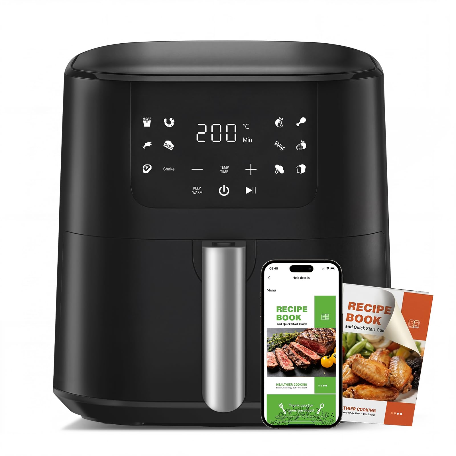 QIDO Air Fryer 8-in-1 with 5 QT Capacity,180°-450°F Precision Heating, Air Fry, Roast, Broil, Reheats, Dehydrates, Less Oil, Features Shake Reminder, Large Touch Display with Auto Menus, Dark Black