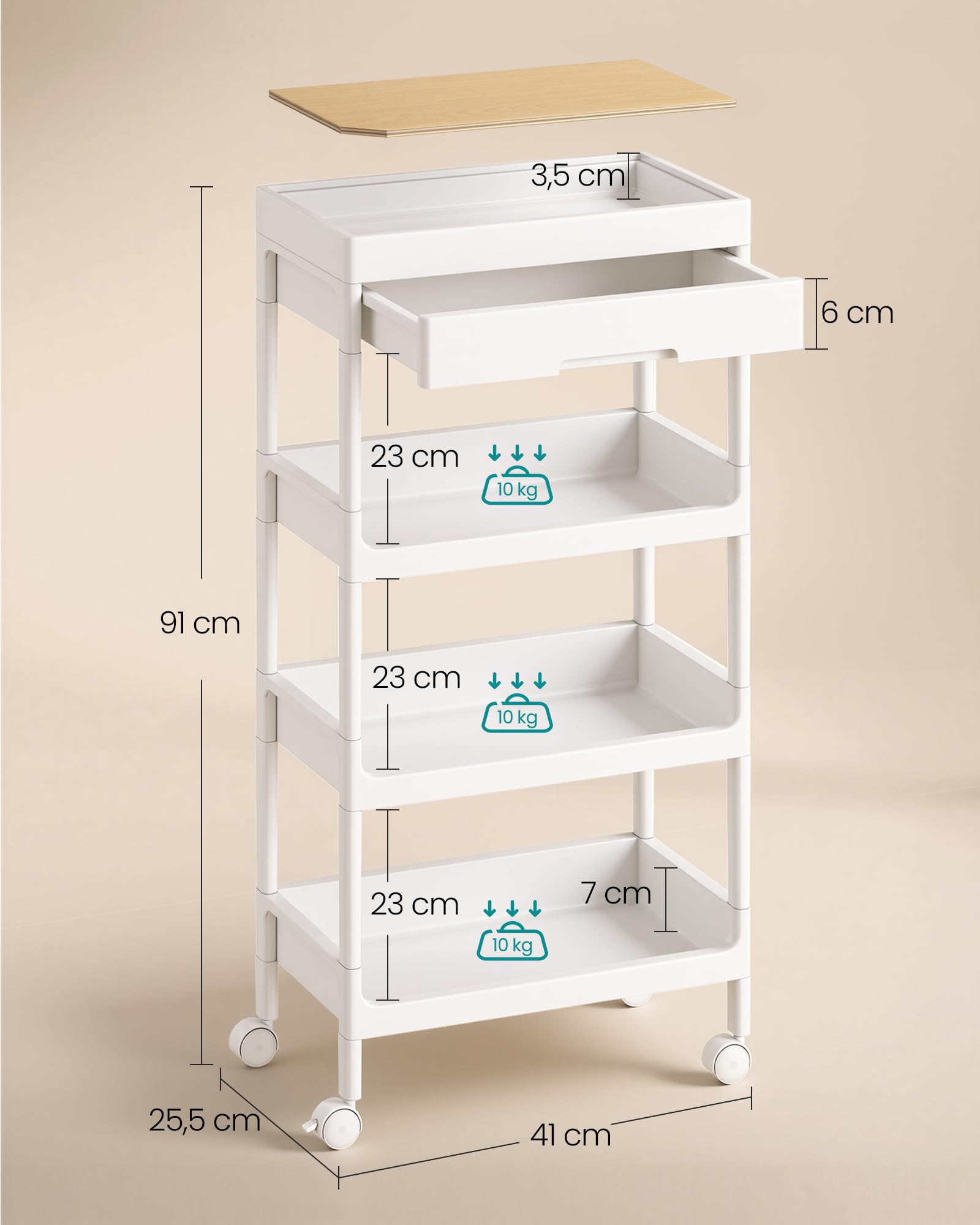 SONGMICS Chariot de Rangement, 4 Niveaux, Desserte sur roulettes, Étagère, avec Plateau Amovible et Tiroir, en Plastique, Montage Facile, Cuisine, Blanc et Doré Chêne BSC070W101