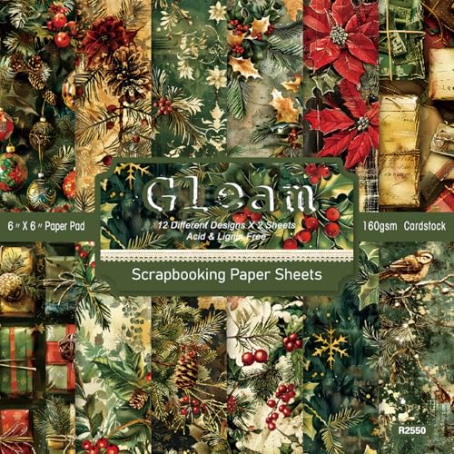 24 Blatt Weihnachtsmusterpapier, 15,2 x 15,2 cm Weihnachts Dekorpapier Lebkuchenmännchen Weihnachtsbaum Glockenmuster Papier für Kartenbasteln, Scrapbook-Dekoration, 12 Designs (Style-B, 6x6 Inch)