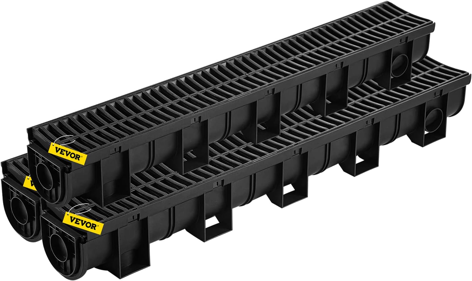VEVOR Trench Drain System Channel Drain 5.9x5.1-Inch HDPE Drainage Trench | Black Plastic Garage Floor Drain with Plastic Grate, 6x39 Trench Drain Grate, with 6 End Caps, for Garden, Driveway-6 Pack
