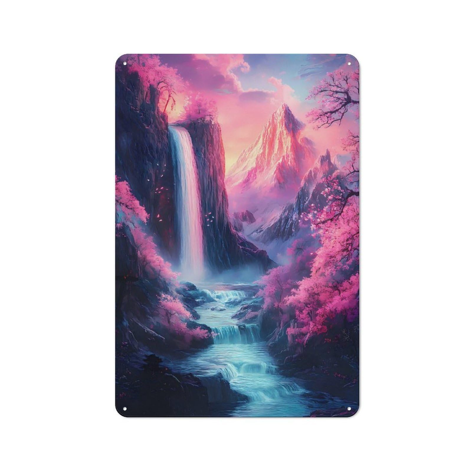 Junmoney Fantasy Waterfall Landscape Cherry Blossom Metal Plaque With Design 30X20cm, Country Style Kitchen Wall Decor For Coffee Bar, Kitchen, Bistro Or Tea Corner