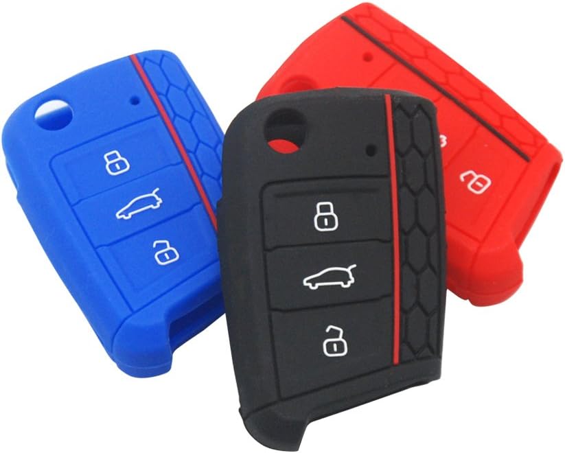Rowell 3 Pieces Silicone Car Key Cover Universal Accessories for Volkswagen VW 3-Button Car Key Protection Cover(Black,red,Blue)