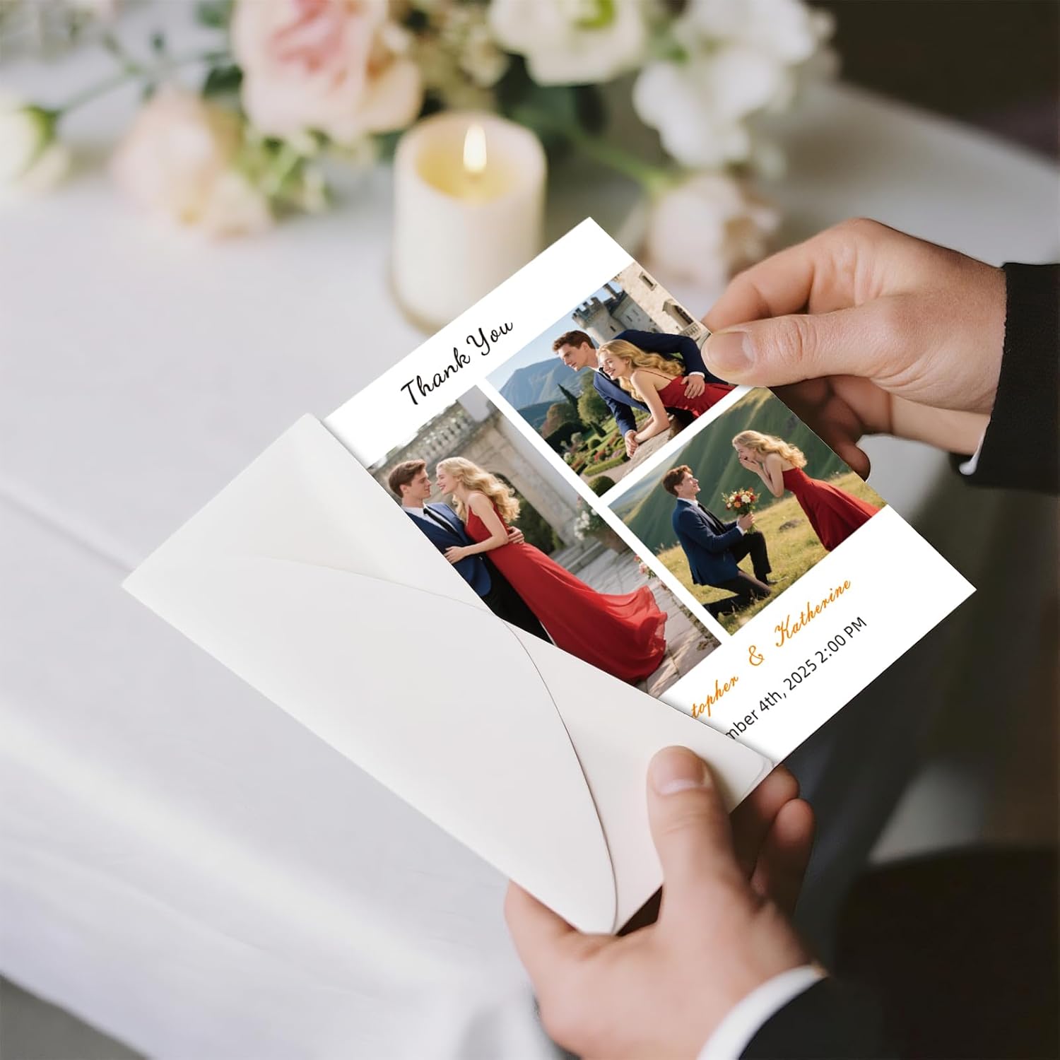 Personalized Save the Date Wedding Invitation Card with Photo 4x6inch 350GSM Papers and Envelopes, Custom Thank You card for Weddings, Birthdays and Parties, 50pcs or more (Vertical with 3 Photos)