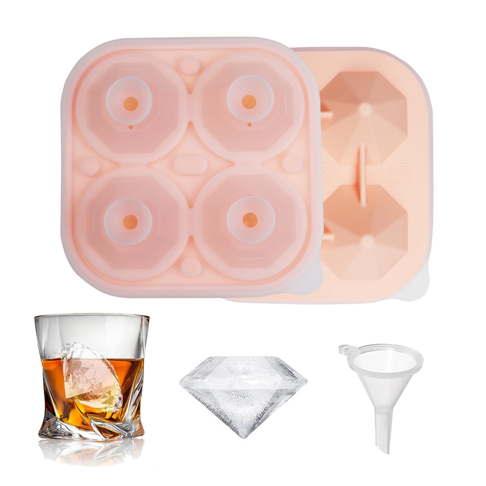 Pink Diamond Ice Cube Tray with Lid, 4 Custom Diamond-shaped Ice Cube Molds for Freezer,BPA Free,for Cocktail, Coffee,Whisky, Chocolates, Jellies, Cakes, Soaps, standard, BG-SZ01