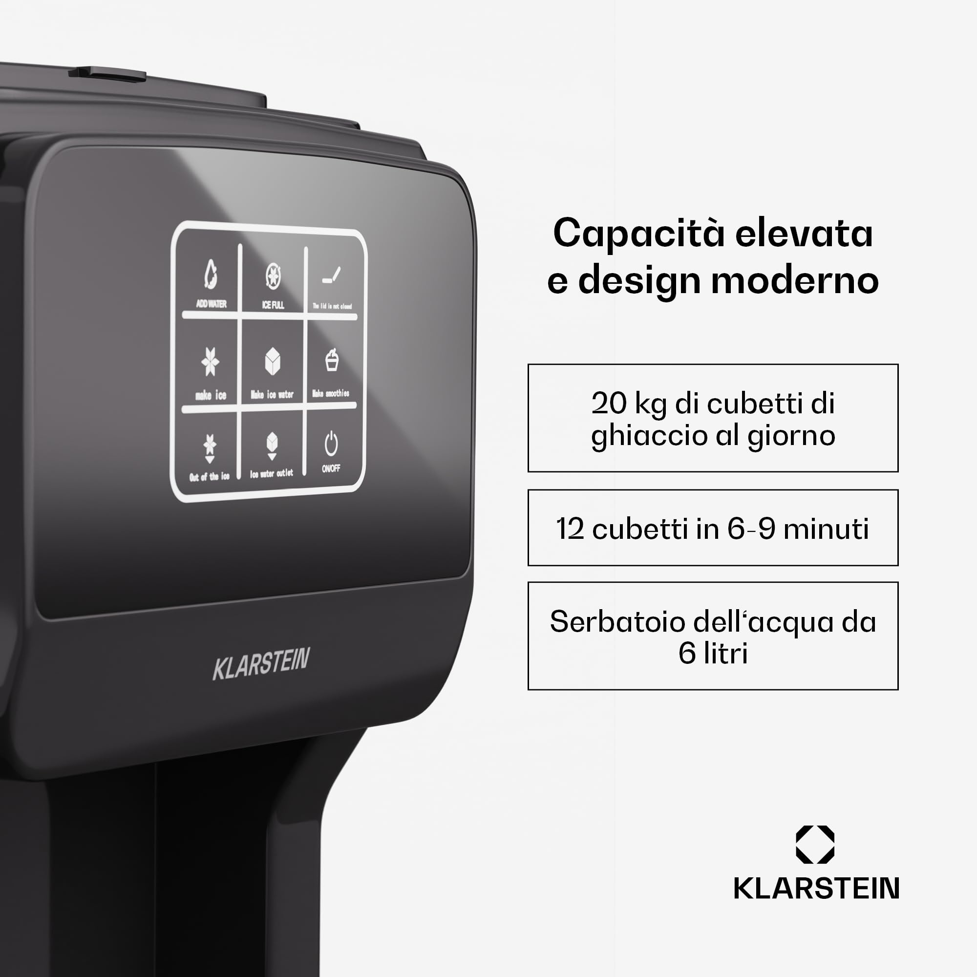 Klarstein ArcticBlend 3in1 - Macchina del Ghiaccio, 20 kg/24h, Ghiaccio Cavo e Tritato, Erogatore d'Acqua, Serbatoio da 6L, Acciaio Inox, Macchina del Ghiaccio per la Casa, Ice Maker, Grigio scuro