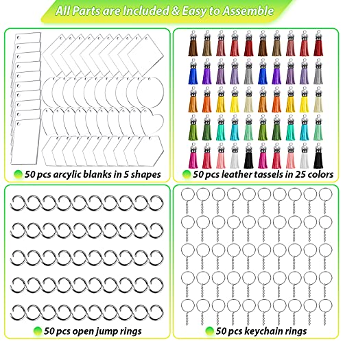 200Pcs Blank Keychains For Vinyl, Acrylic Keychain Blanks Bulk With 5 Shapes Clear Acrylic Disc Leather Tassel Charms Key Chains Jump Ring For Diy Craft Ornament Engrave Painting #TOP3