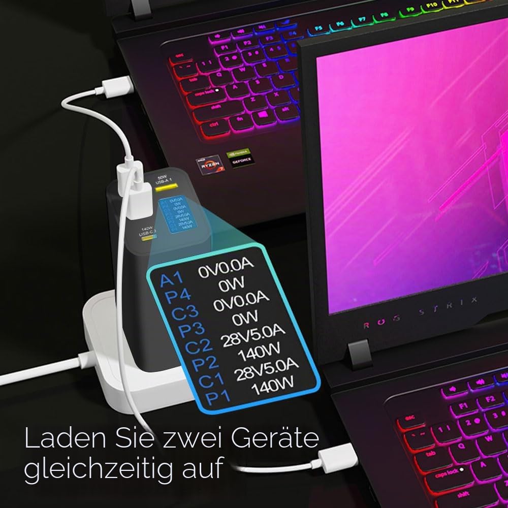 Gan Ladegerät 280 W mit OLED-Display, 4-Port GaN Typ-C Adapter mit 3 USB C+1USB-A,PD 140 W Schnellladegerät,Universal-Ladegerät für Europa,USA,Australien und Großbritannien（schwarz）