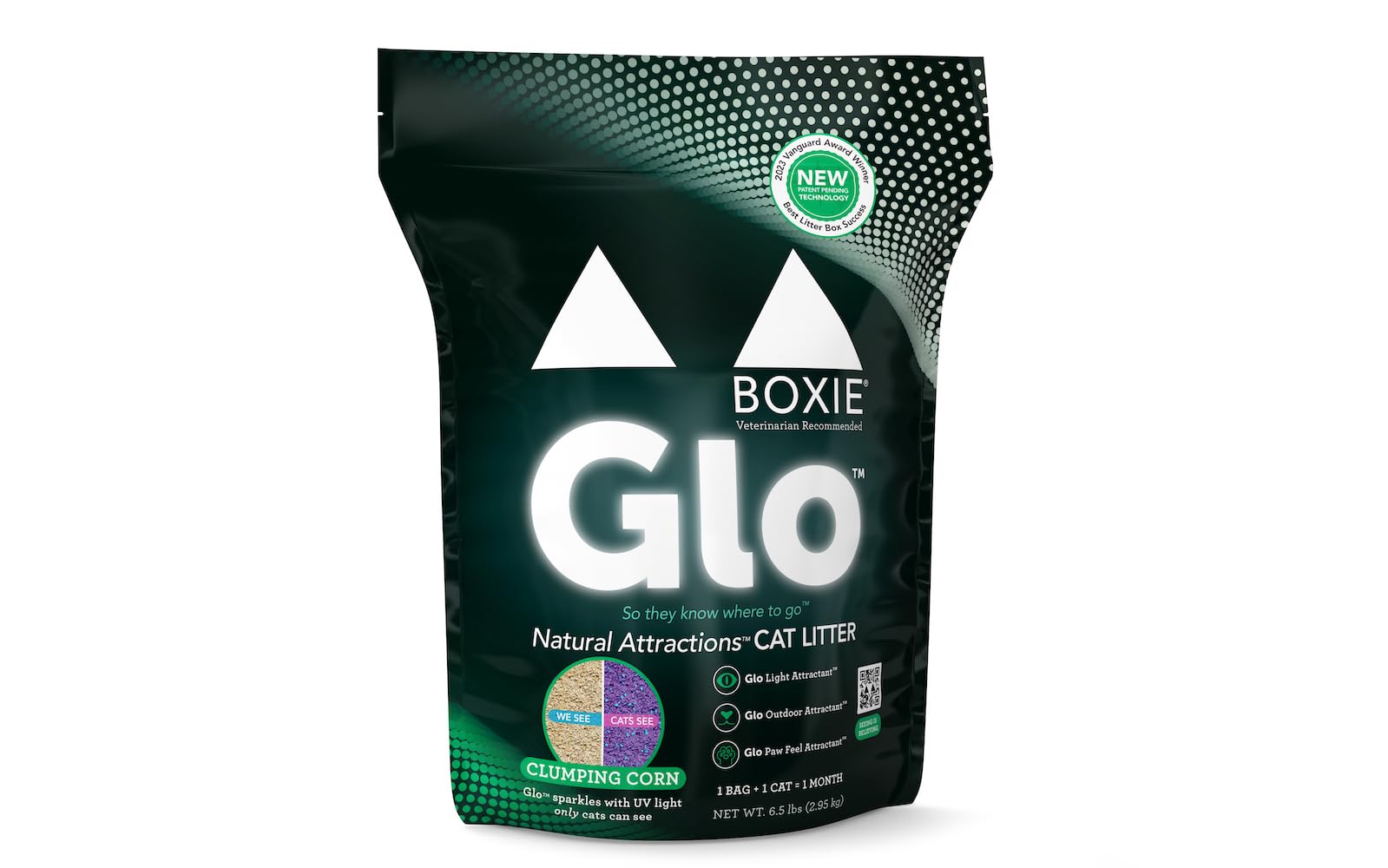 Boxie® Glo™ Natural Attractions 30 Day Odor Control Clumping Corn Cat Litter, 6.5 lb, 99.9% Dust-Free, Plant-Based, Lightweight, Strong Clumping, UV Light Attractant for Litter Box Use