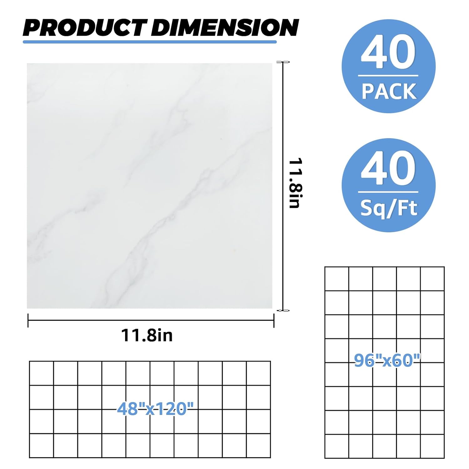 40 Sheet Vinyl Flooring 12x12 Inch Peel and Stick Floor Tile Waterproof White Marble Vinyl Floor Tiles Clearance Self Adhesive Floor Tiles Sticky Laminate Flooring Stick on Bathroom Kitchen RV