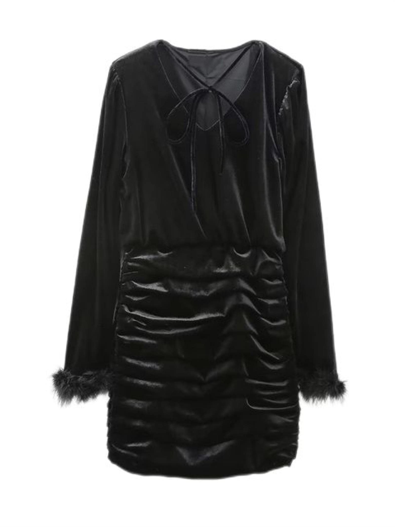 Moda delle donne con mini abito pieghettato Vintage legato V collo manica lunga abiti femminili
