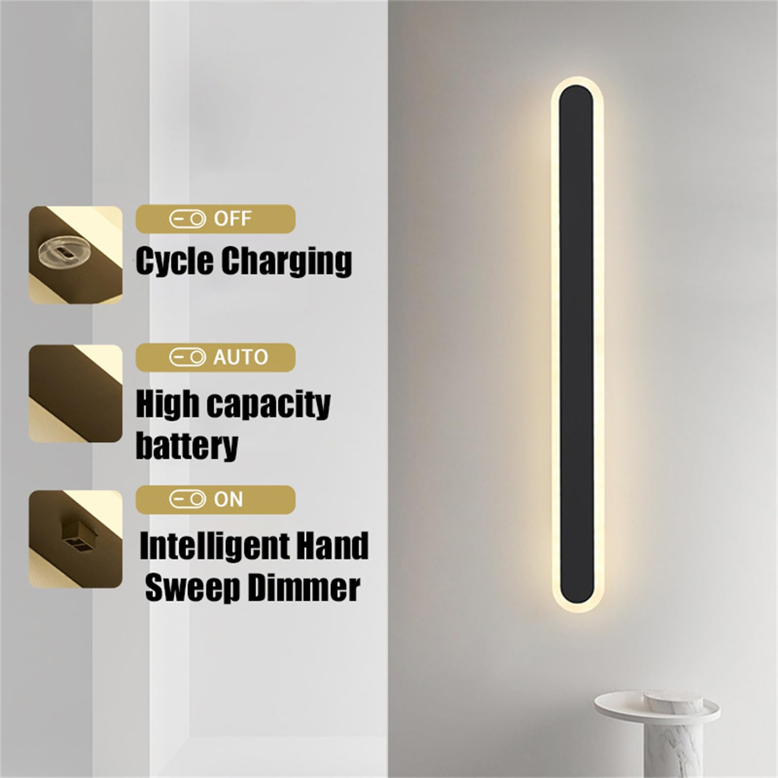 LED Innen Wandleuchte mit Hand Sensor Schalter Wandlampe USB Aufladbare Akku Betrieben Wandleuchten 120cm 2700K/4000K/6500K Wandbeleuchtung Moderne für Schrank Wohnzimmer Hotel (Neutral Licht,60cm)
