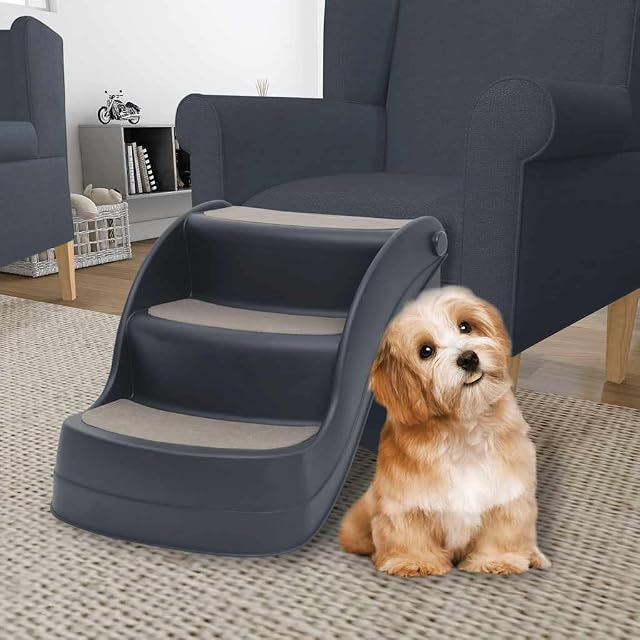 Foto 2 de 8 de vidaXL Escalera para Perros Plegable de 3 peldaños Gris Oscuro