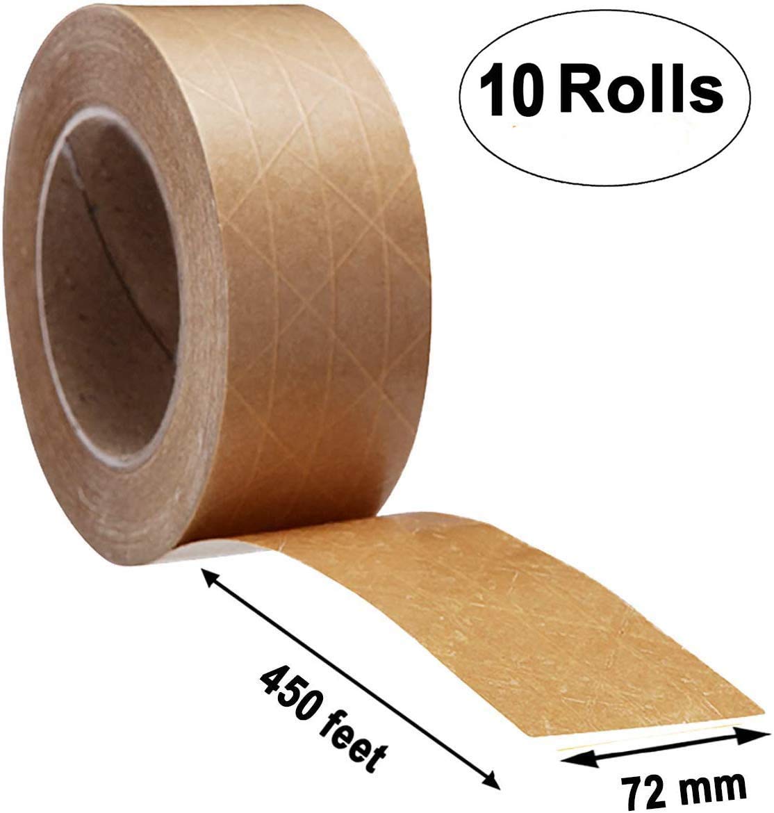 Fiberglass Reinforced Tape 72 mm X 450 ft. 10 Rolls of Kraft Carton Sealing Tape Industrial Gummed Kraft Paper Tape for Medium Light Weight Packaging Water-Activated Adhesive Tamper Evident Seal