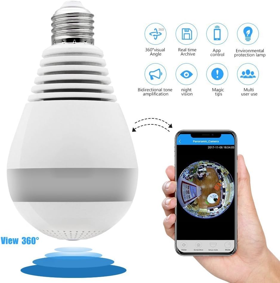 360-degree panoramic 960P smart wireless wifi camera mini LED bulp VR camera 1.3MP home security wifi camera light bulb mini security IP camera 3D LED light HD camera panorama