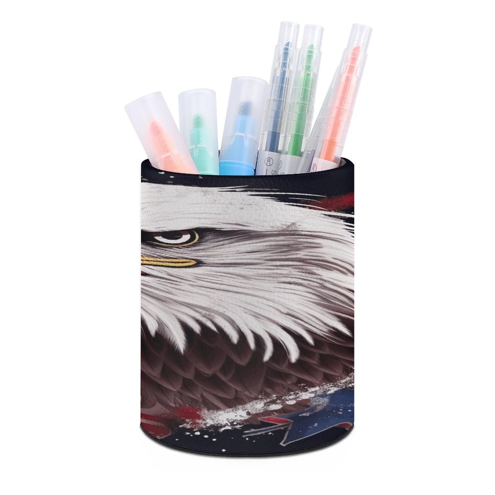 FekiLoot America US Flag Bald Eagle Pen Holder Cup Fashion PU Leather Pencil Cup Minimalist Pen Organizer Round Pencil Holder Stand Work Locker Accessories for Decoration Desk Office Home