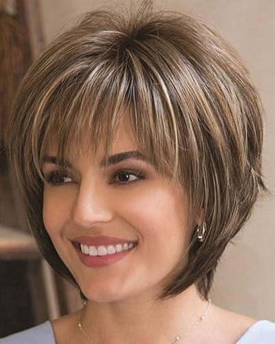 JOLNVCA Pixie Cut - Pelucas de cabello sintético lacio con flequillo para mujeres blancas (rubio mezclado marrón)