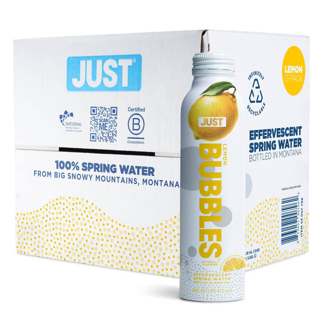 JUST Bubbles Lemon - Pure Premium Sparkling Spring Water in a Fully Recyclable Reusable Eco-Friendly Bottle - 100% Mountain-Sourced Carbonated Water