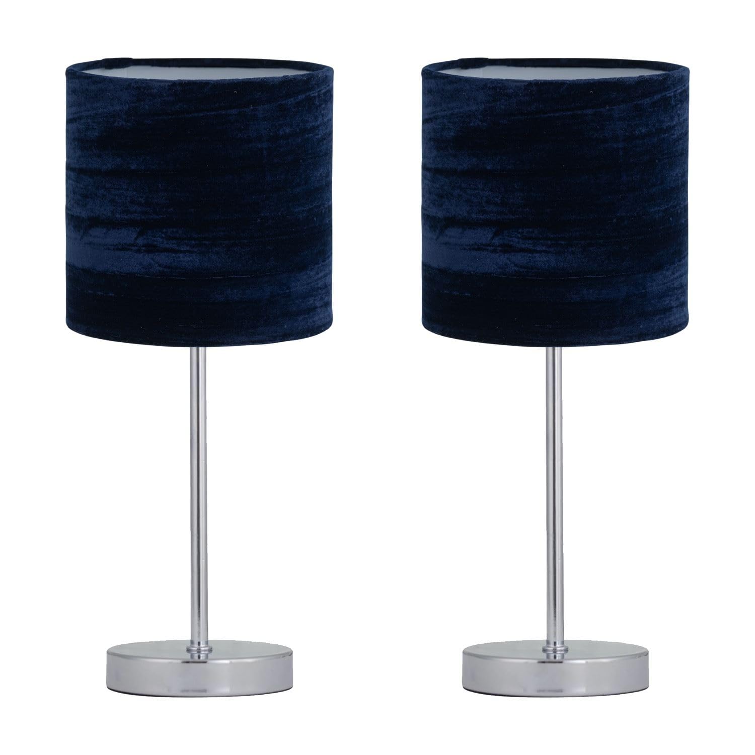 Firstchoicelighting Chrome & Blue Set Of 2 Polished Chrome Table Lamps Or Bedside Lights, Modern, Navy Blue Crushed Velvet Shade, Height 35Cm, Led Compatible