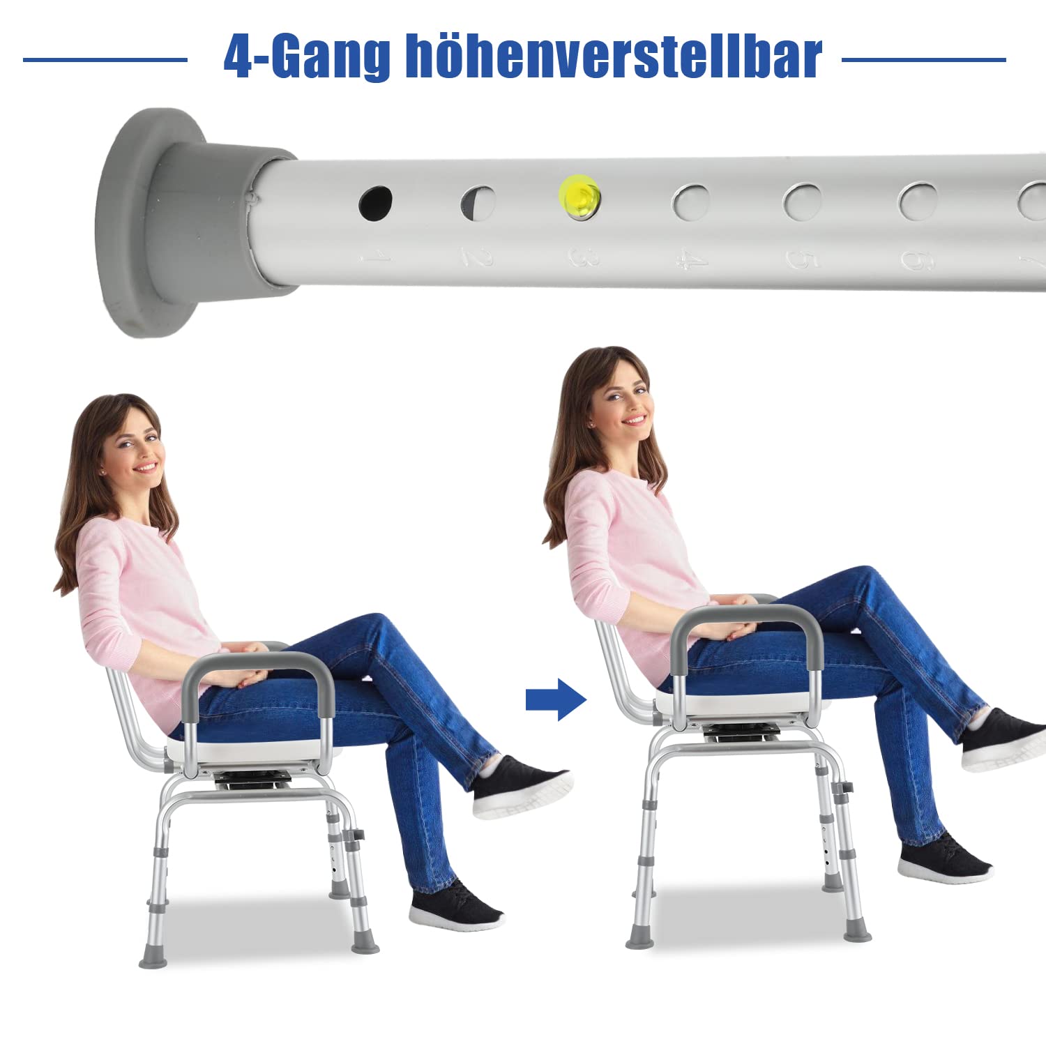 Alu-Duschhocker 3-in-1 bis 135 kg mit Rückenlehne für Senioren | Für Dusche, WC-Hilfe und Intimpflege; 6-fach 40–53 cm, mit Ablaufsitz, Polster, Anti-Rutsch-Füßen, einfach montierbar.