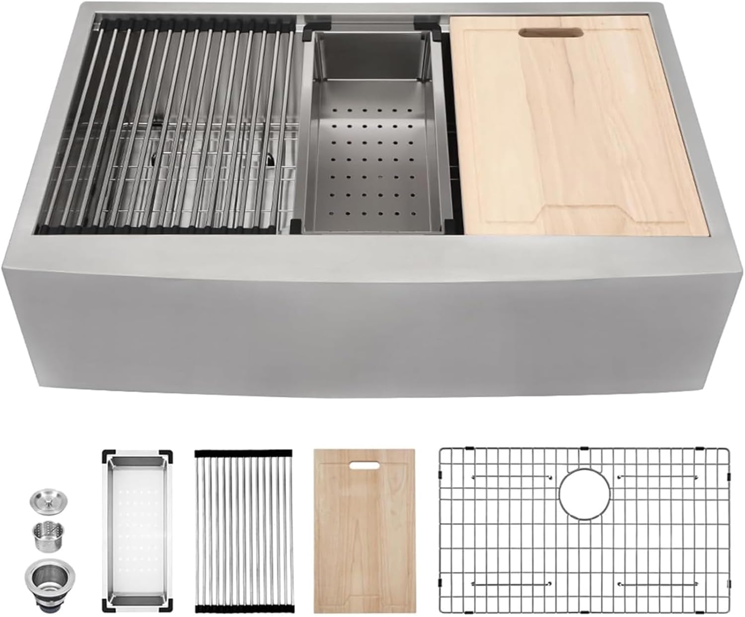 Kichae 36 Inch Farmhouse Kitchen Sink Ledge Workstation Apron Front Farmer Sink 16 Gauge Stainless Steel Single Bowl Handmade Under Counter Basin with Accessories