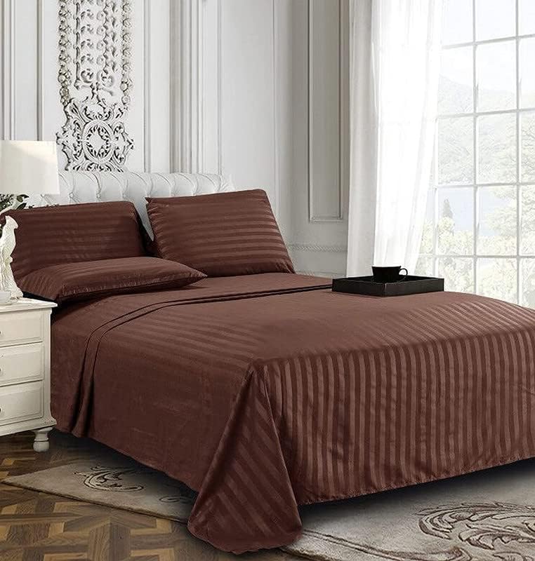 YFH Creative220 TC 100% Cotton Striped/Lining Plain Bedsheet for Double Bed King Size with Two Pillow Covers for Home-Hotels-Guest House-Coffee/Brown