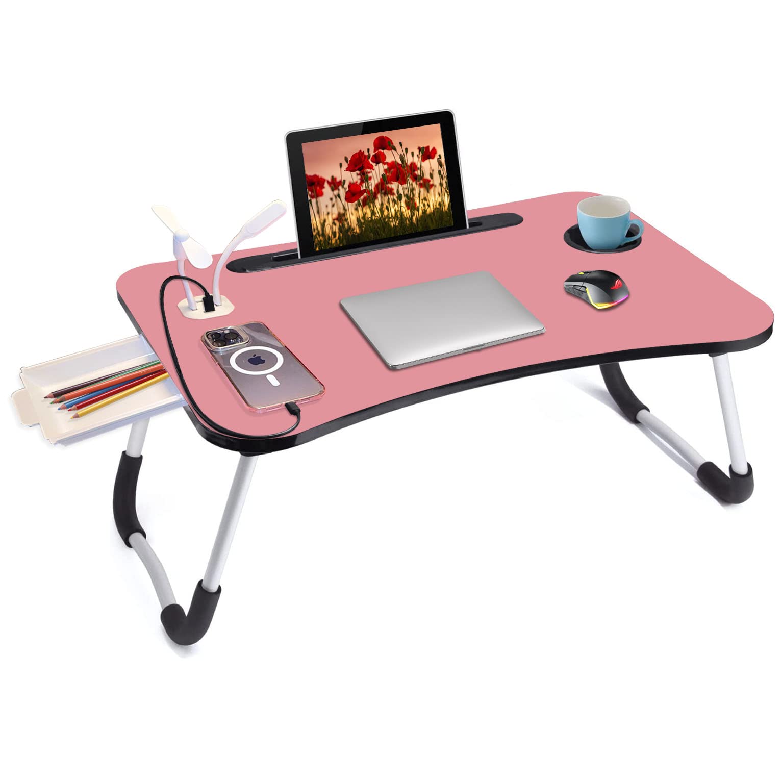 Laptop Table Bed Desk Tray Upgraded with USB Ports, Pad & Cup Holder, Drawer - for Bed/Sofa/Couch/Floor/Work/Study/Reading/Writing/Drawing/Homework - Foldable & Portable Breakfast Table Lap Desk