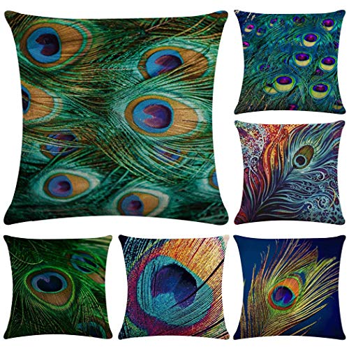 Faylapa 6 Pack Cotton Linen Pillow Cases,Peacock Feather Decorative Cushion Cover Pillowcase Indoor Sofa Decorations 18Ã—18 Inches (45Ã—45cm)(Case ONLY)