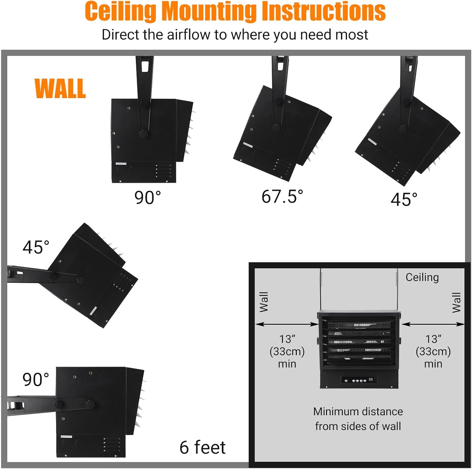 Diagram showing various ceiling and wall mounting angles and minimum distance requirements for the GarveeTech garage heater