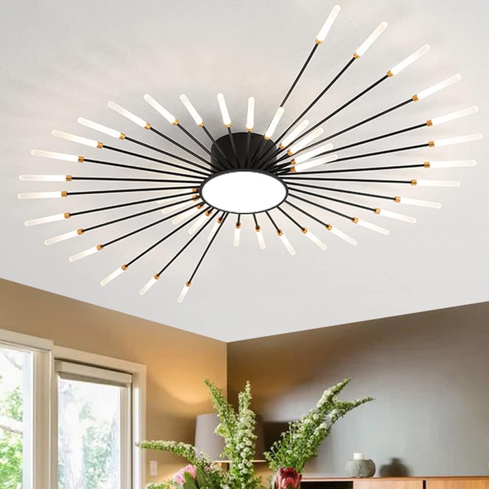 51 Inch 42 Lights LED Ceiling Light Fixture,Modern Ceiling Lights Flush Mount Chandelier Black Indoor Lighting for Living Room,Bedroom,4000K 42W+12W Firework Deco Close to Ceiling Light