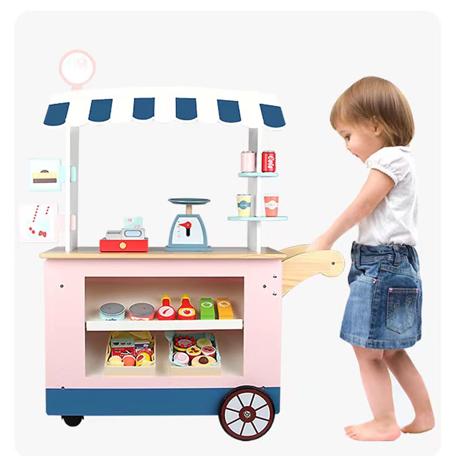 GGEROU Grocery Store Stand Cart Playset for Toddlers,Pretend Wooden Grocery Store Role Play Kids Toy Set,Kid's Playroom Furniture Grocery Farmers Market Stand for Pretend Play for Boy & Girl,Age 3+