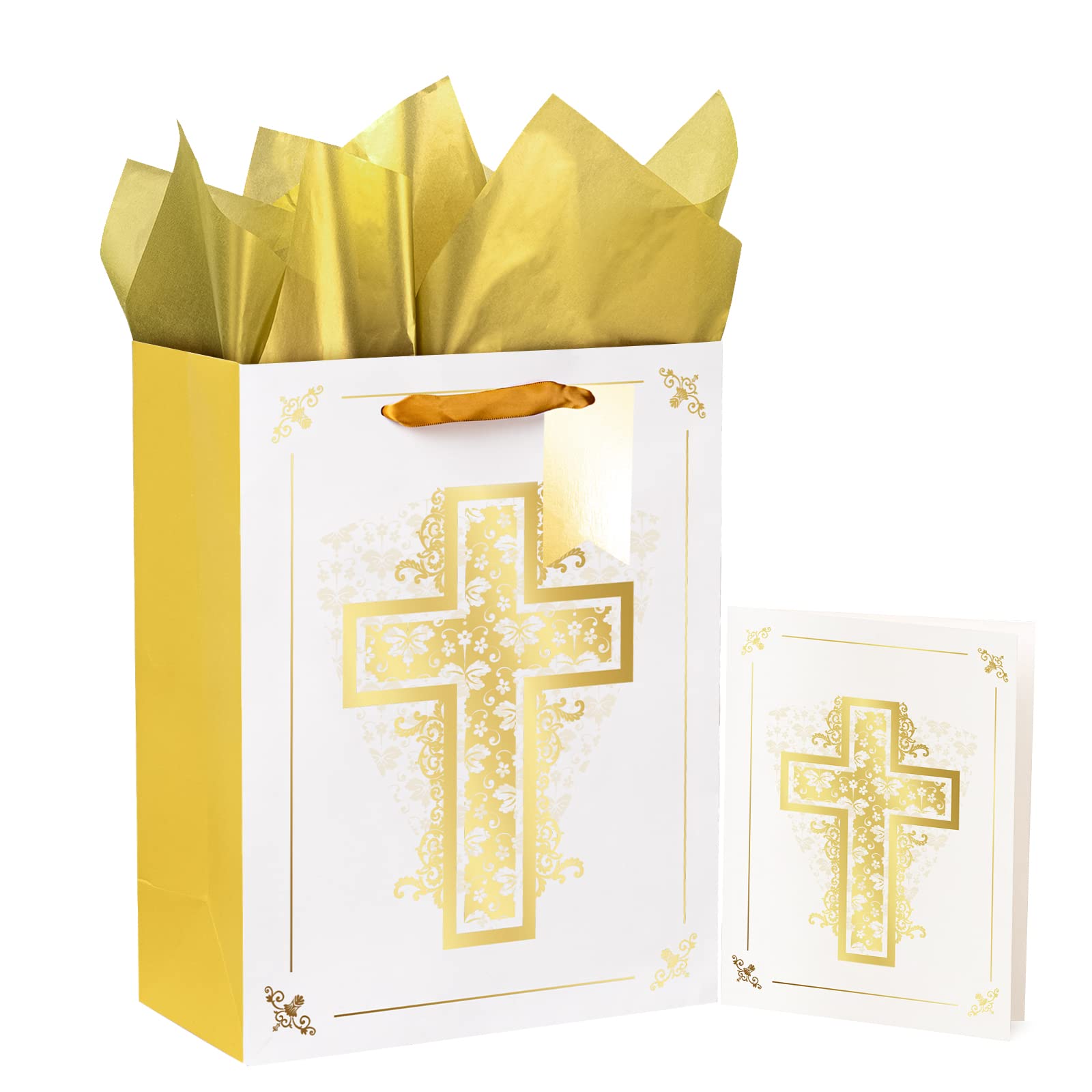WRAPAHOLIC 13" Large Gift Bag with Card and Tissue Paper - Gold Cross for First Communion, Confirmation, Weddings, Clergy Day