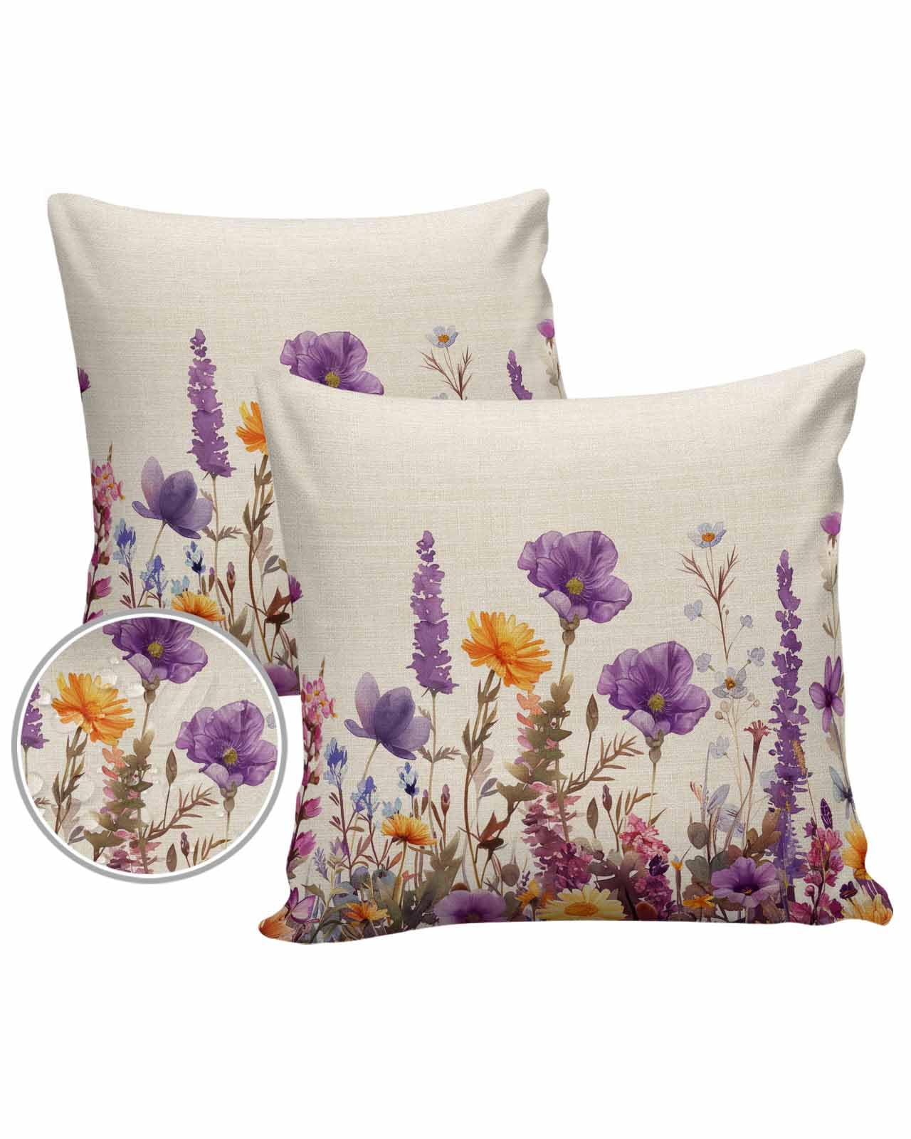 DOME-SPACE Pack of 2 Outdoor Pillow Covers Spring Throw Pillow Covers Decorative Outdoor Pillows Waterproof Outdoor Cushions for Patio Couch Garden Bench Tent Bed Sofa 16x16 Inch Lavender and Daisies