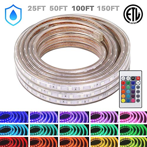 WYZworks LED Rope Lights, 100 ft Waterproof Color Changing Strip Light for Outdoor & Indoor Use - Flexible Dimmable Lighting with Remote Controller 16 Colors & Multi Modes - 25, 50, 100, 150 feet