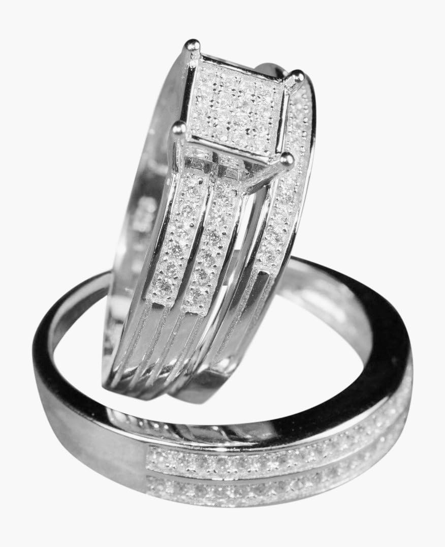 American Best Men and Ladies Bridal Engagment Rings and Wedding Band Set in Sterling Silver