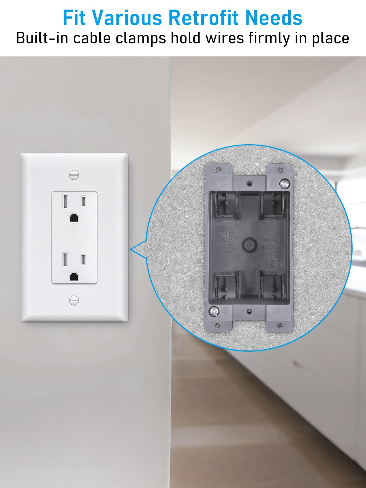 LEONLITE Paquete de 12 cajas de salida eléctricas de trabajo antiguo de una banda, caja de dispositivos estándar de 14 pulgadas cúbicas, caja de conexiones eléctrica de PVC para interruptor, luz de