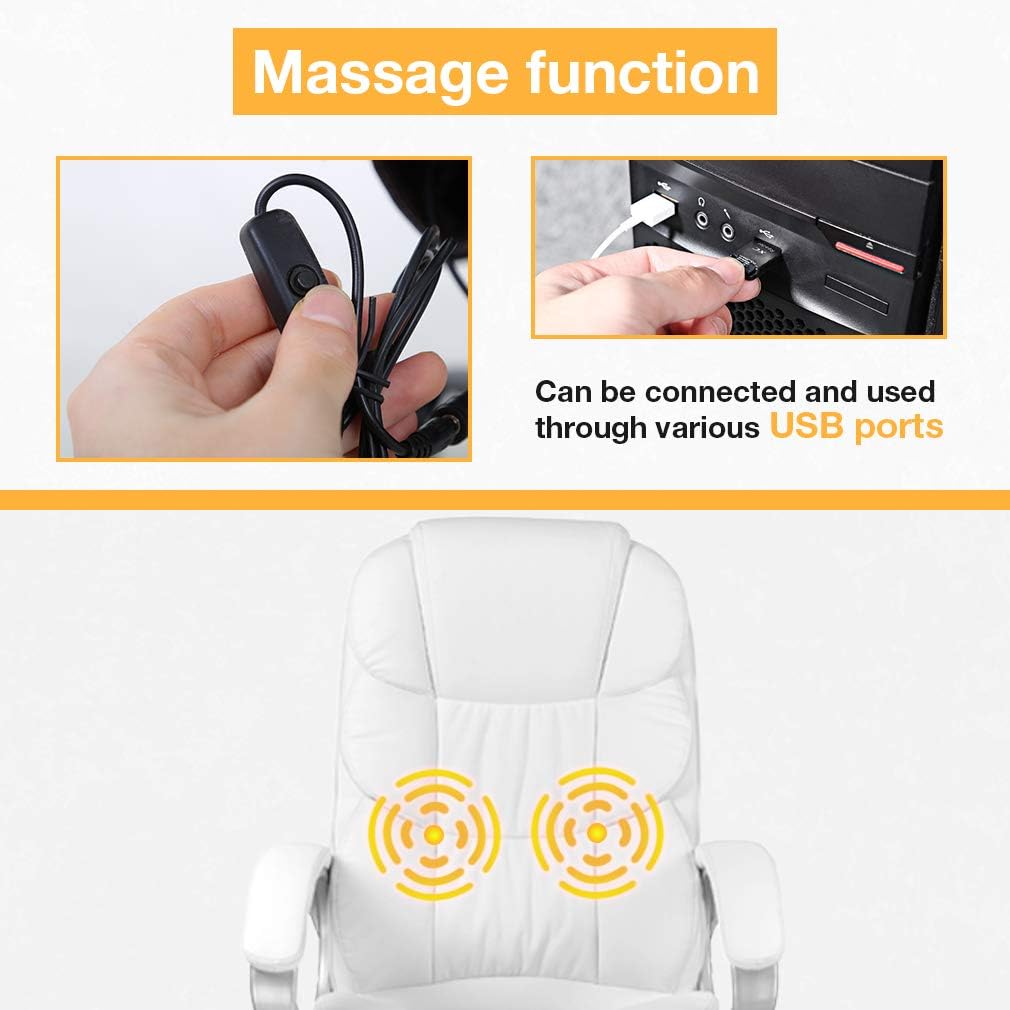 BestOffice Ergonomic White Faux Leather Executive Chair with Lumbar Support, Massage Vibration, Swivel, and Armrests for Home or Office Use