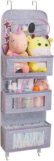 Beinou Over the Door Organizer with 3 Big Pockets 35.5"x 12.6" Door Hanger Storage with Clear Window for Pantry Baby Nursery Bathroom Closet Grey