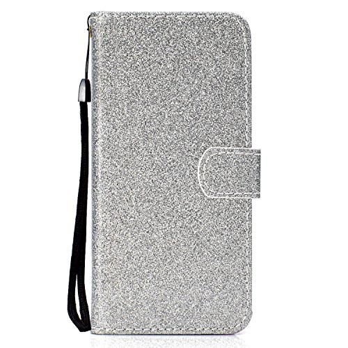 HereMore iPhone 7 Plus 5.5" Case, iPhone 8 Plus Case, Bling Sparkly Glitter Leather Flip Wallet Case Soft Silicone Cover with Card Slots Protective Shell for iPhone 8 Plus /7 Plus, Silver