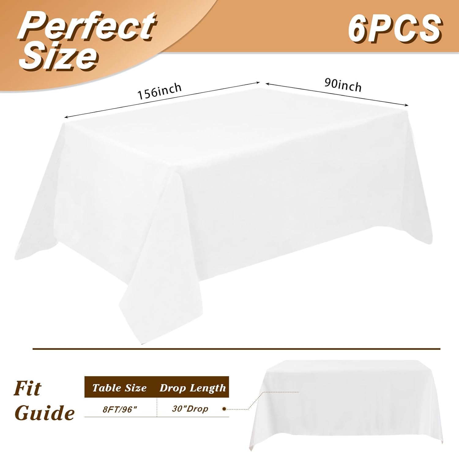 Fixwal 90x156 White Table Cloth Rectangle, 6 Pack Table Cloth for 8 Ft Rectangle Tables, Polyester Fabric Washable Table Cover