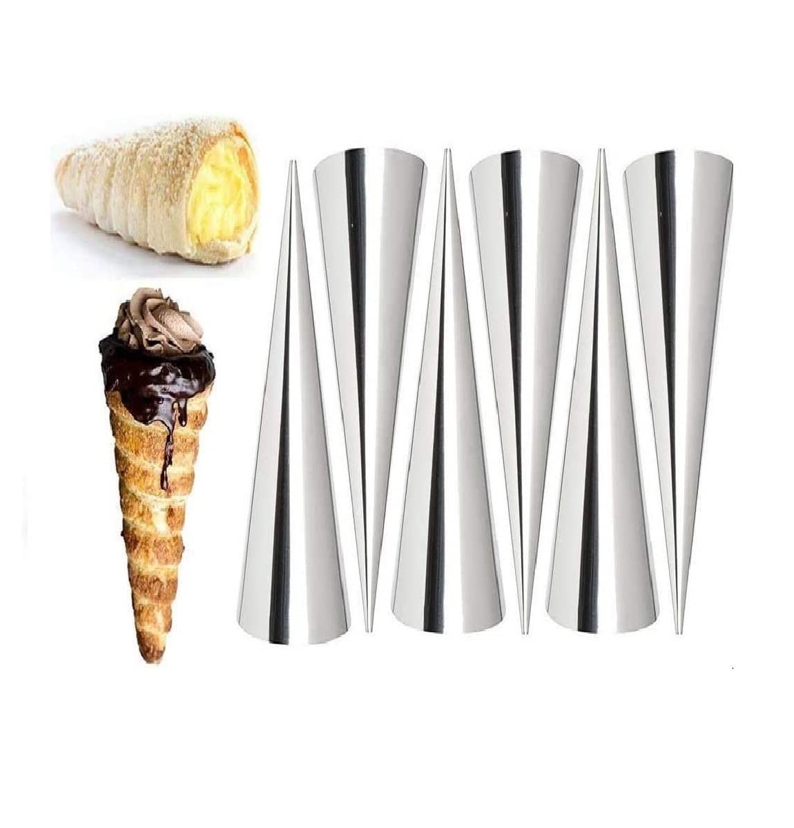 STORE77® DIY Non-Stick Stainless Steel Baking Cones Set. Spiral Horn Pastry Cream Roll Cone/Cannoli Forms/Croissant Shell Metal Ice Cream Roll/Funnel Shape(6Pcs Cone 15 x 4 cm)