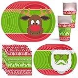 Ugly Christmas Sweater Party Supplies for 48 - Dinner Plates, Dessert Plates, Napkins, Cups - Disposable Holiday Dinnerware Set with a Funny Theme Featuring Santa Claus, a Reindeer and more