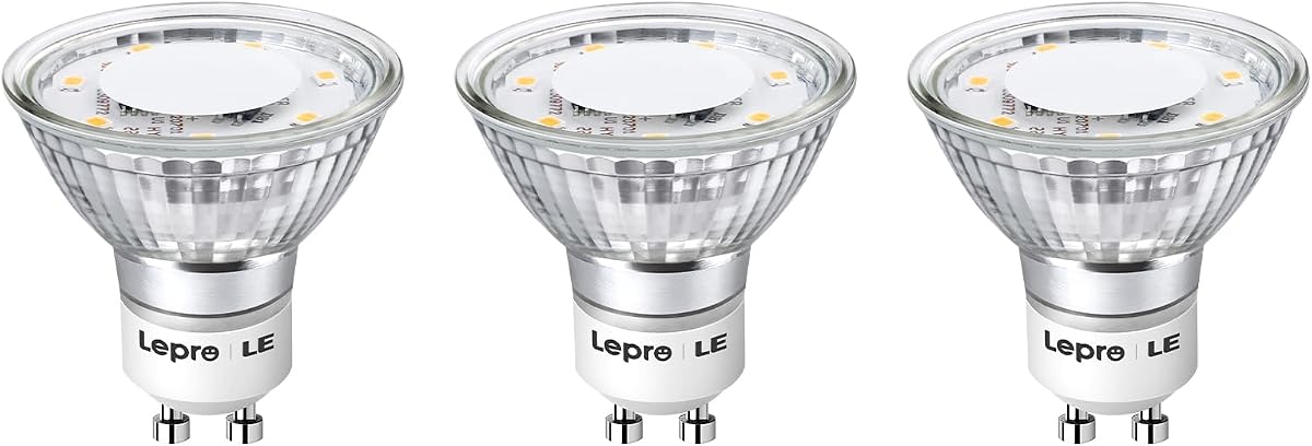 Lepro Bombillas LED GU10 no regulables 4W 350LM 2700K Blanco suave Paquete de 3 | Equivalente a halógeno de 50 W, Reemplazo de iluminación empotrada, Eficiencia energética, Sin parpadeo, Iluminación en riel, Sala de estar, Dormitorio, Cocina