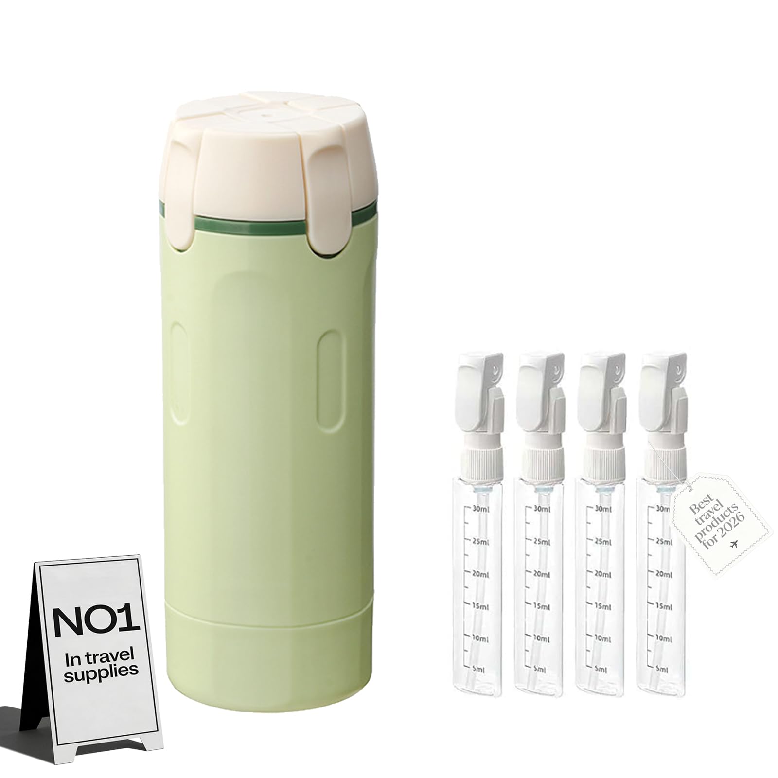 4 in 1 Travel Dispenser Bottle for Flying Essentials Camping Toiletries Pump Leak Proof Size Portable Containers for Shampoo Lotion Creams Body Wash Conditioner Refillable Attached Label (Green) - 2