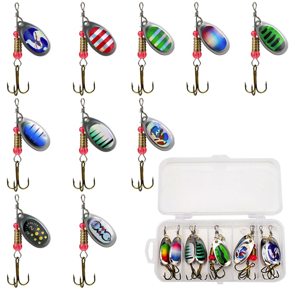 10 PCS Multi Colored Spinner Bait Set With Metal Lures and Rotating Sequins Fishing Kit in Plastic Box for Pike Trout Bass Salmon Perch