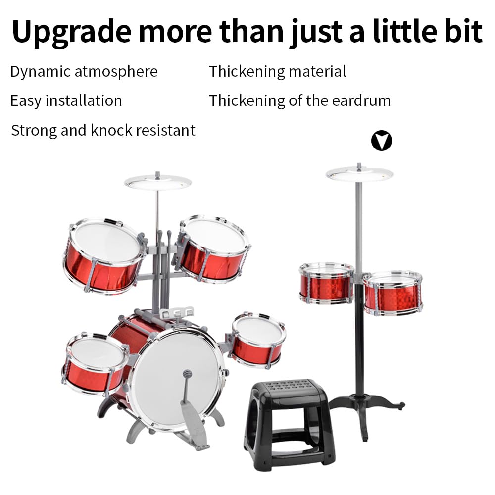 Set di batteria Batteria Jazz Drum Kit con Sgabello 7 Batterie Strumenti a Percussione Musicali per Principianti PVC ispessito Pelle di tamburo Facile installazione